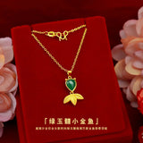 Green Chalcedony Goldfish Pendant Necklace, 18K, Birthday Gift