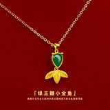 Green Chalcedony Goldfish Pendant Necklace for Women