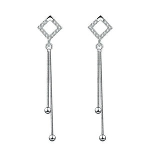 925 Silver Hollow Crystal Square Long Tassel Drop Earrings