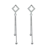925 Silver Hollow Crystal Square Long Tassel Drop Earrings