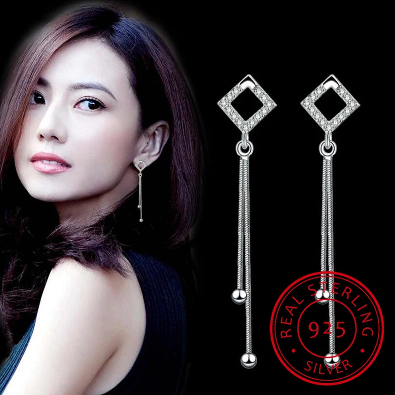 925 Silver Hollow Crystal Square Long Tassel Drop Earrings