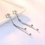 925 Silver Hollow Crystal Square Long Tassel Drop Earrings