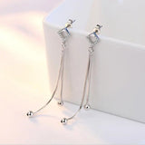 925 Silver Hollow Crystal Square Long Tassel Drop Earrings