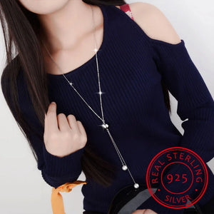 925 Silver Necklace Ball Beads Pearl Long Chain Necklaces Women Choker