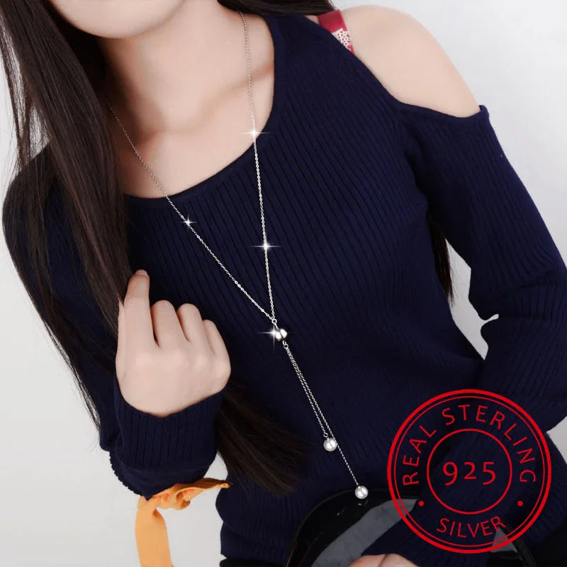 925 Silver Necklace Ball Beads Pearl Long Chain Necklaces Women Choker