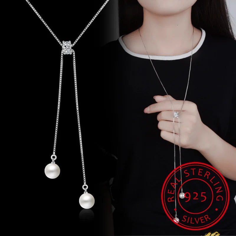 925 Silver Necklace Zirconia Pearl Long Chain Necklaces For Women