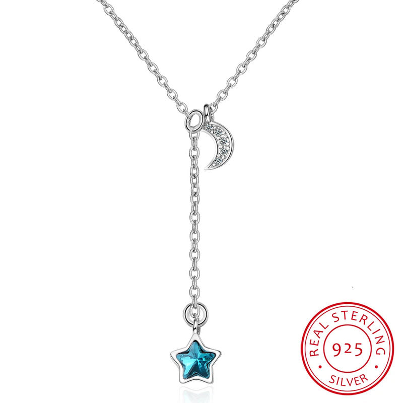 Crystal Moon Star Tassel 925 Sterling Silver Necklace For Women