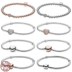 925 Sterling Silver Heart Round Buckle Snake Bone Chain Bracelet DIY Jewelry