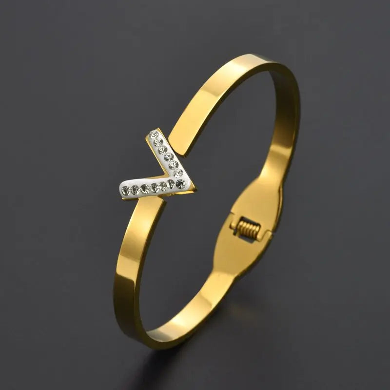 Classic V-Shape Stainless Steel Charm Cuff Bracelet