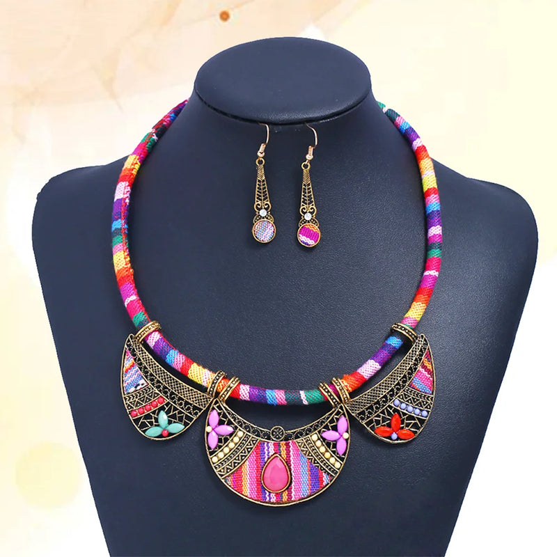Bohemian Jewelry Set Bib Necklace Earrings Set (Red)