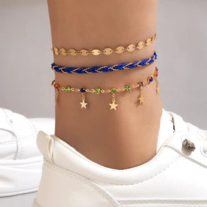 Geometric Star String Anklet Set for Street Style Personality