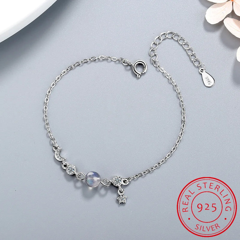 Sterling Silver Moonstone Bracelet Moon Star Tassel CZ Summer Jewelry Gift
