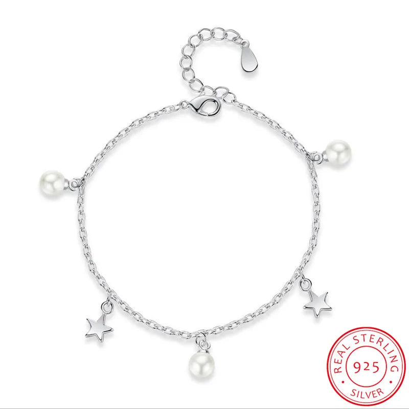 925 Sterling Silver Pearl Star Bracelet Fine Jewelry