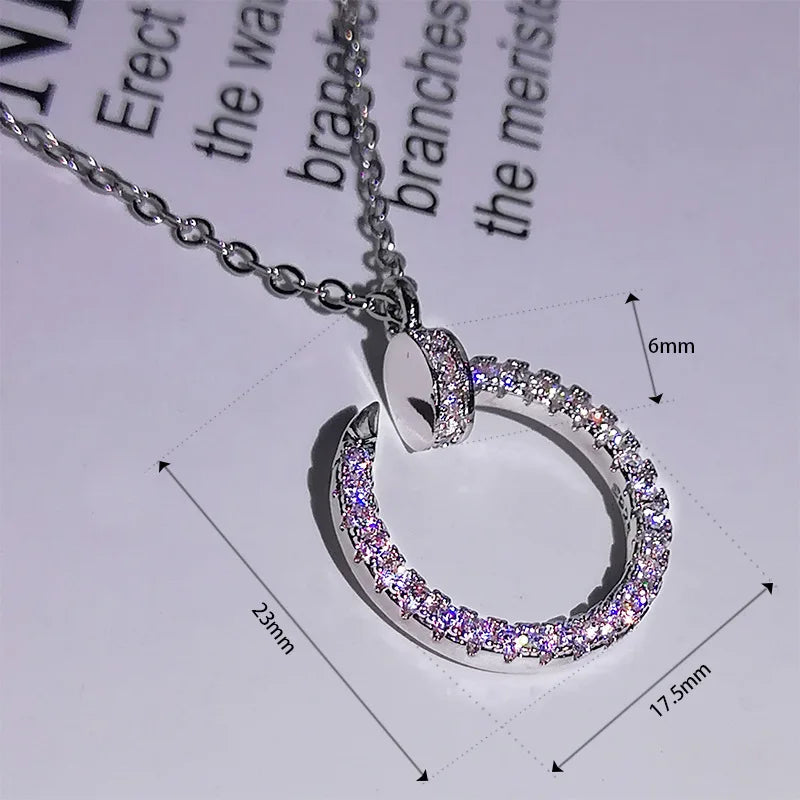 Rose Inlaid Diamond Nail Necklace Curved Round Pendant Chain