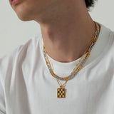 Stainless Steel Checkerboard Pendant Necklace For Women