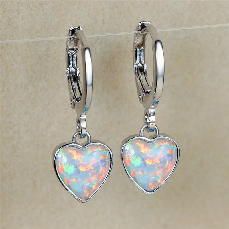 Opal Stone Heart Hoop Earrings Vintage Bridal Wedding