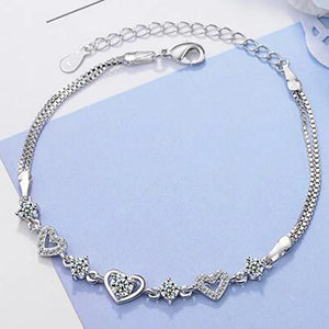 925 Silver Double Heart Round Zircon Bracelet for Women