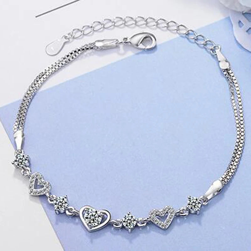 925 Silver Double Heart Round Zircon Bracelet for Women