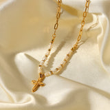 Freshwater Pearl Stainless Steel Cross Pendant Necklace Girls Gift