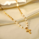 Freshwater Pearl Stainless Steel Cross Pendant Necklace Girls Gift