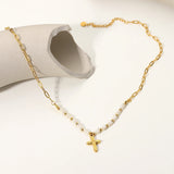 Freshwater Pearl Stainless Steel Cross Pendant Necklace Girls Gift