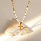 Freshwater Pearl Stainless Steel Cross Pendant Necklace Girls Gift