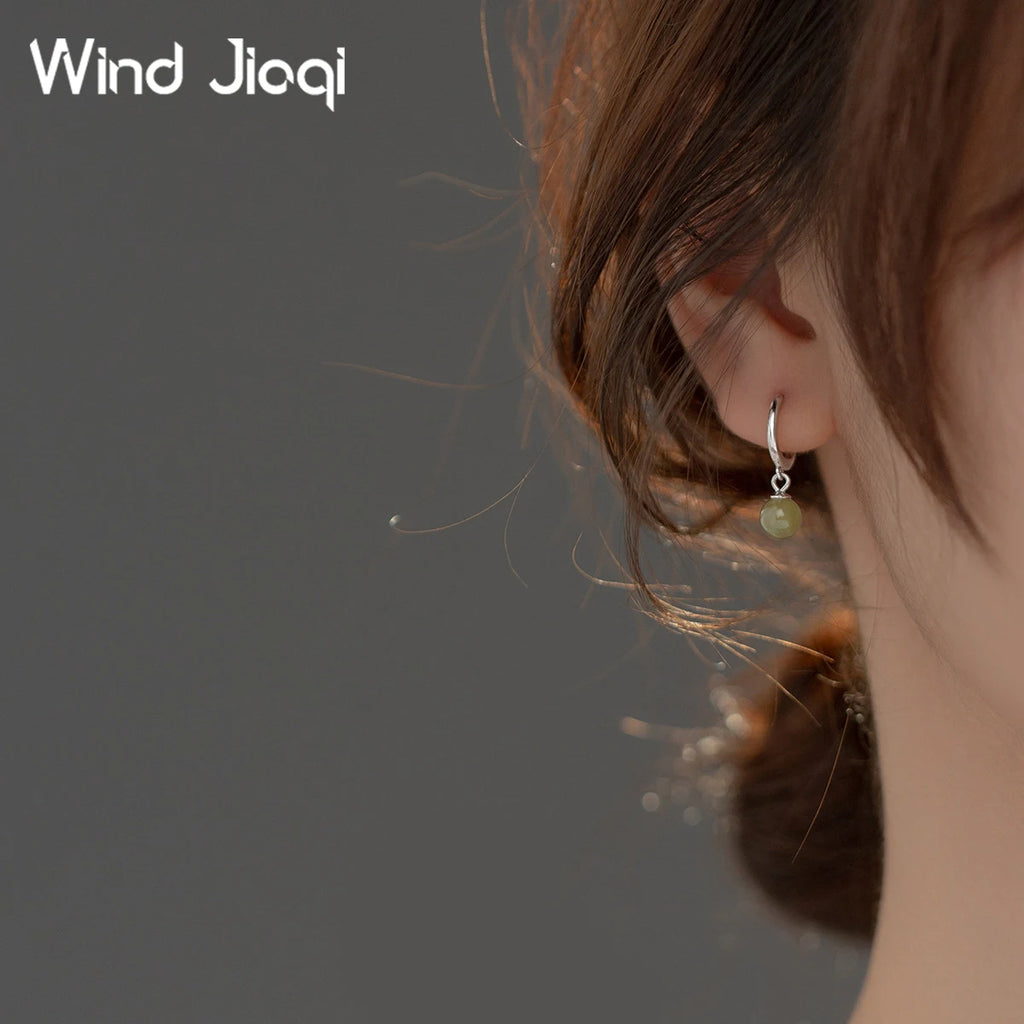 Geometric Hetian Jade Hoop Earrings S925 Sterling Silver Vintage Party Jewelry