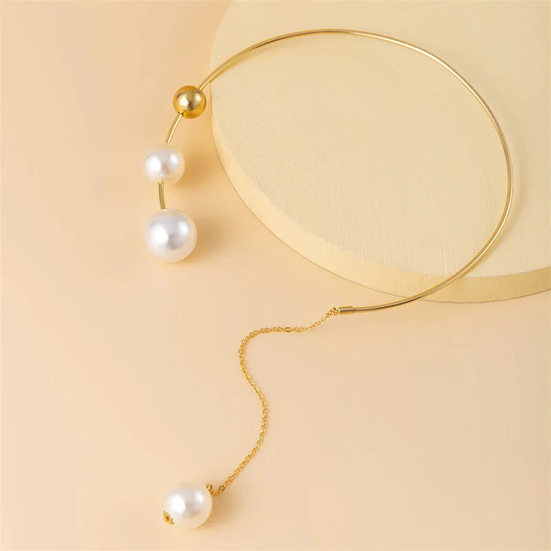Geometric Personality Round Bead Collar Chain Small Open Collar Pearl Necklace