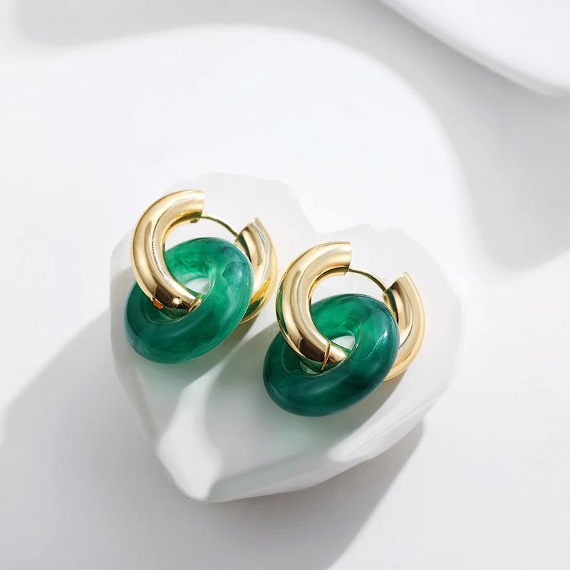 Thick Hoop Earring with Green Resin Pendant Charm