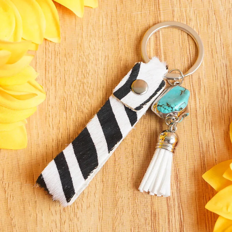 Leather Horse Hair Turquoise Key Chain Retro High Leopard Horse