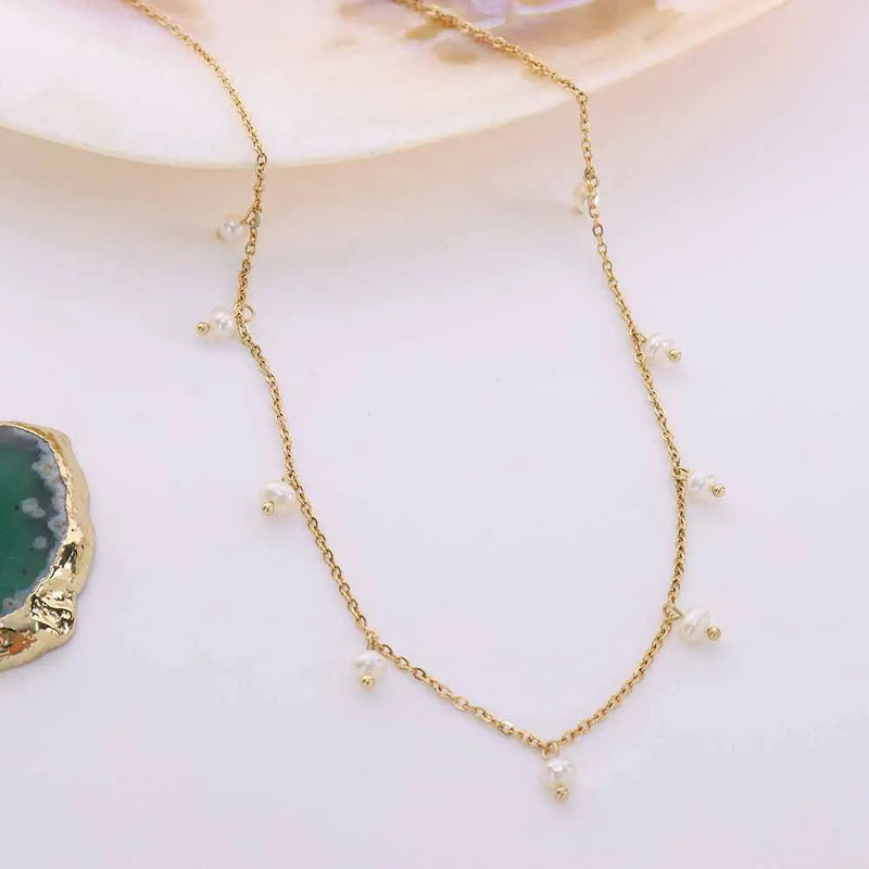 Stainless Steel Choker Necklace with Freshwater Pearl Charms