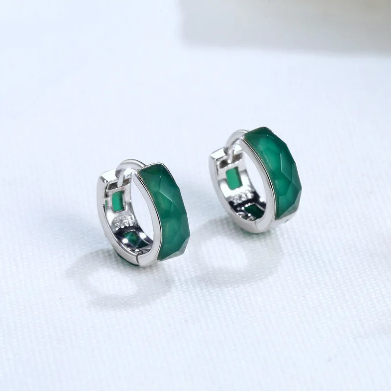 S925 Sterling Silver Agate Hoop Earrings Men Women Fine Jewelry