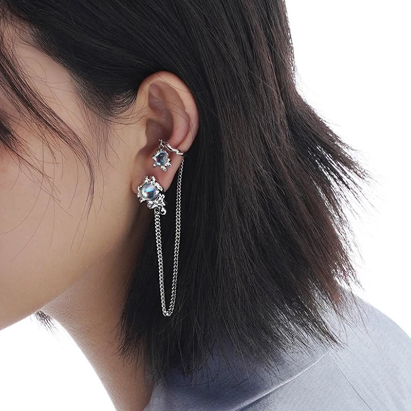 Moon Star Rhinestone Chain Earrings Sun Crescent Geometric Long Dangle
