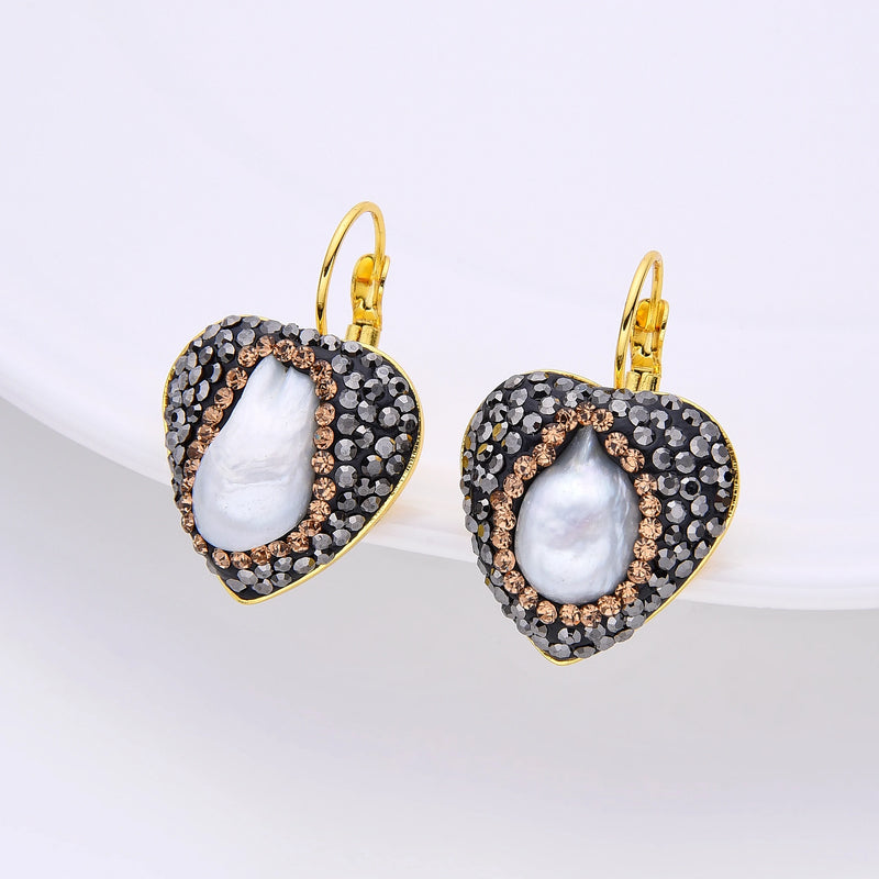 Baroque Freshwater Pearl Heart Earrings Rhinestone Hoop Jewelry Gift