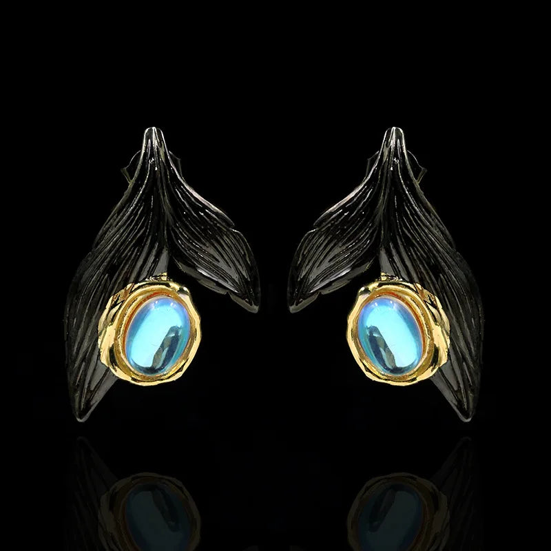 Moonstone Mermaid Tail Earrings Two-tone Silver 925 Jewelry