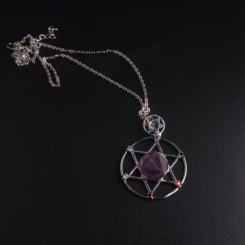 Hand-Cut Natural Amethyst Pentagram Necklace Pendant Choker