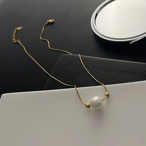 18K Pearl Pendant Necklace for Women Box Chain Choker Kpop Jewelry