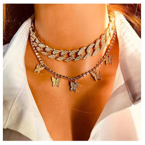 Alloy Diamond Butterfly Double Necklace Punk Hip-hop Style