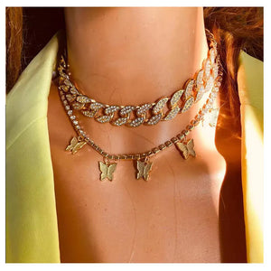 Alloy Diamond Butterfly Double Necklace Punk Hip-hop Style