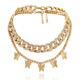 Alloy Diamond Butterfly Double Necklace Punk Hip-hop Style