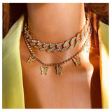 Alloy Diamond Butterfly Double Necklace Punk Hip-hop Style