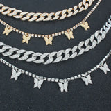 Alloy Diamond Butterfly Double Necklace Punk Hip-hop Style