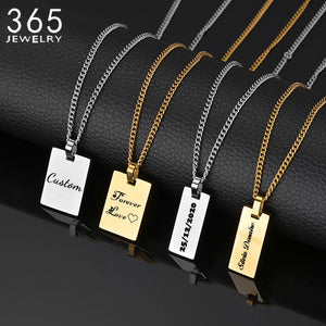 Stainless Steel Name Necklace Men Square Pendant Engraved Date DIY Gift
