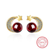 Red Garnet Zirconia Star Moon Stud Earrings 925 Silver
