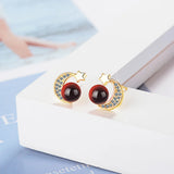 Red Garnet Zirconia Star Moon Stud Earrings 925 Silver