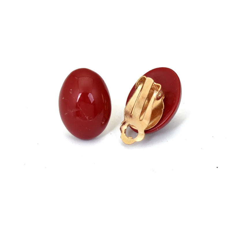 Red Oval Clip Earrings Geometric Jewelry for Women