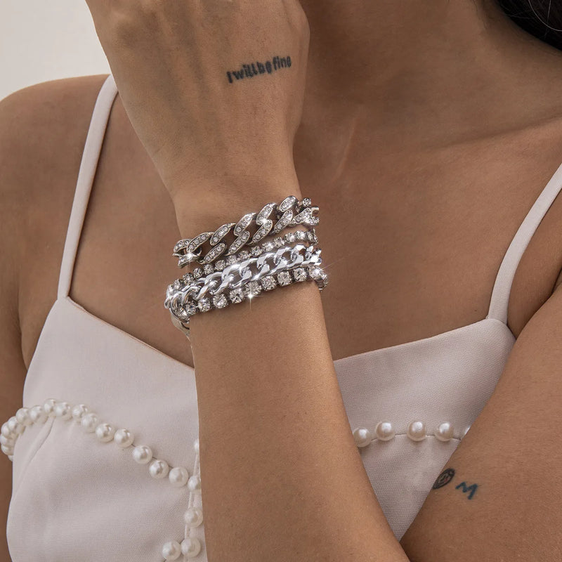 Retro Diamond Cuban Chain Bracelet Set Punk Style