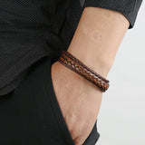 Retro Woven Stainless Steel Men's PU Leather Bracelet Multilayer