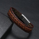 Retro Woven Stainless Steel Men's PU Leather Bracelet Multilayer