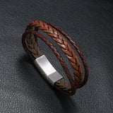 Retro Woven Stainless Steel Men's PU Leather Bracelet Multilayer
